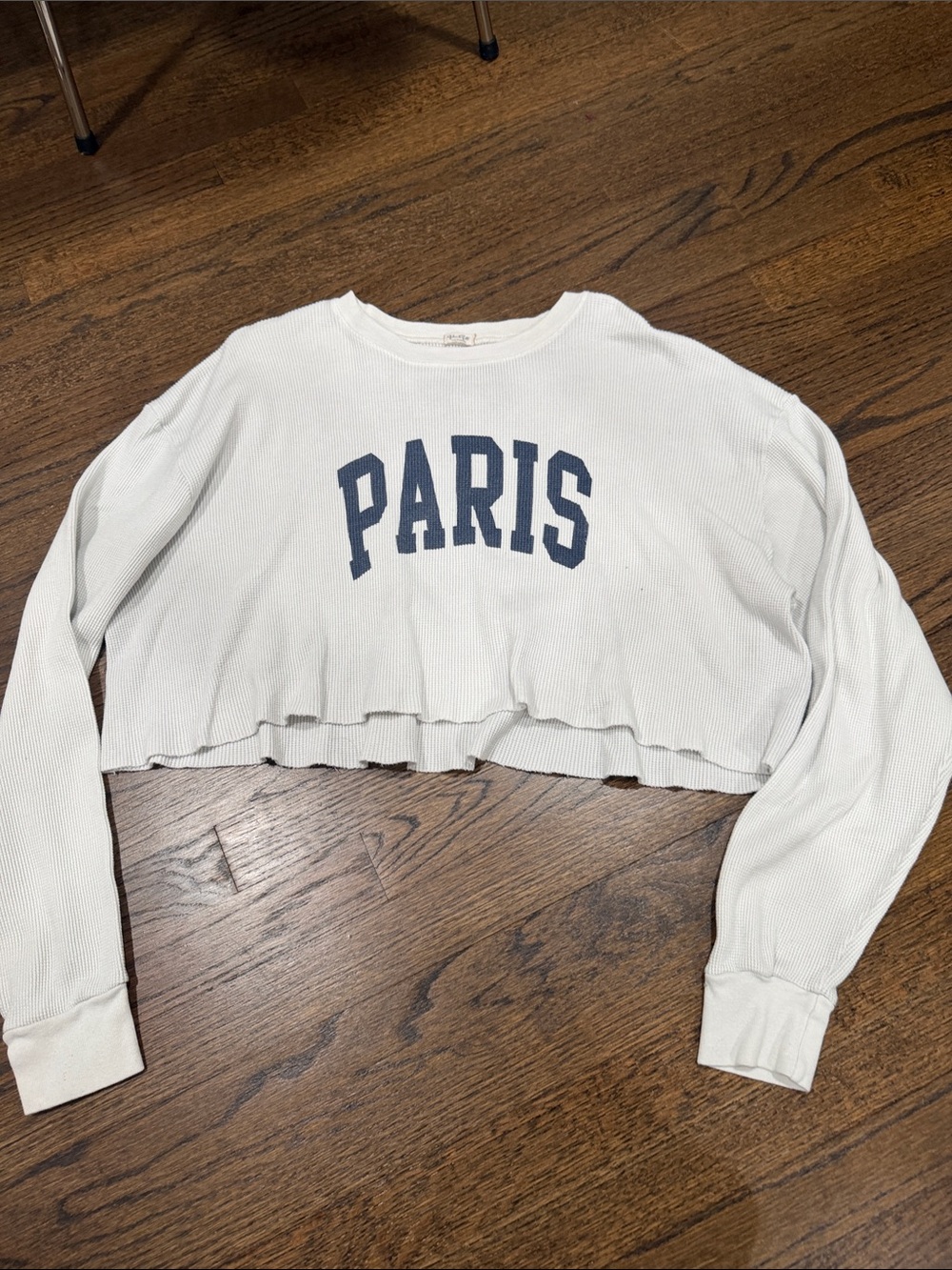 Brandy Melville White Cropped 'PARIS' Thermal Long-Sleeve Top